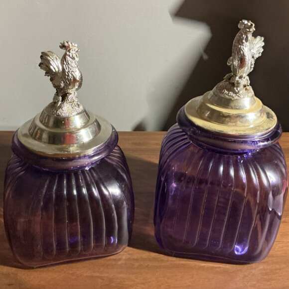 Other - Purple Amethyst Vintage Rooster Lid Glass Canisters Set of 2